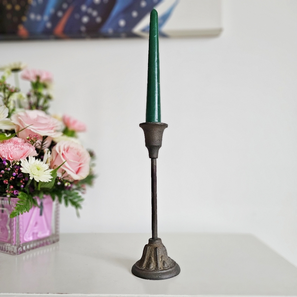 Antique Wrought Cast Iron Goth Candlestick Pillar CandleHolder & Green Candle